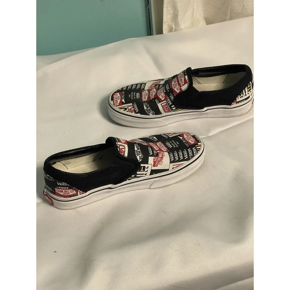 VANS CLASSIC SlipOn Canvas Shoes All Over Logo Print Mens Size 4.5 Womens 6 BinC